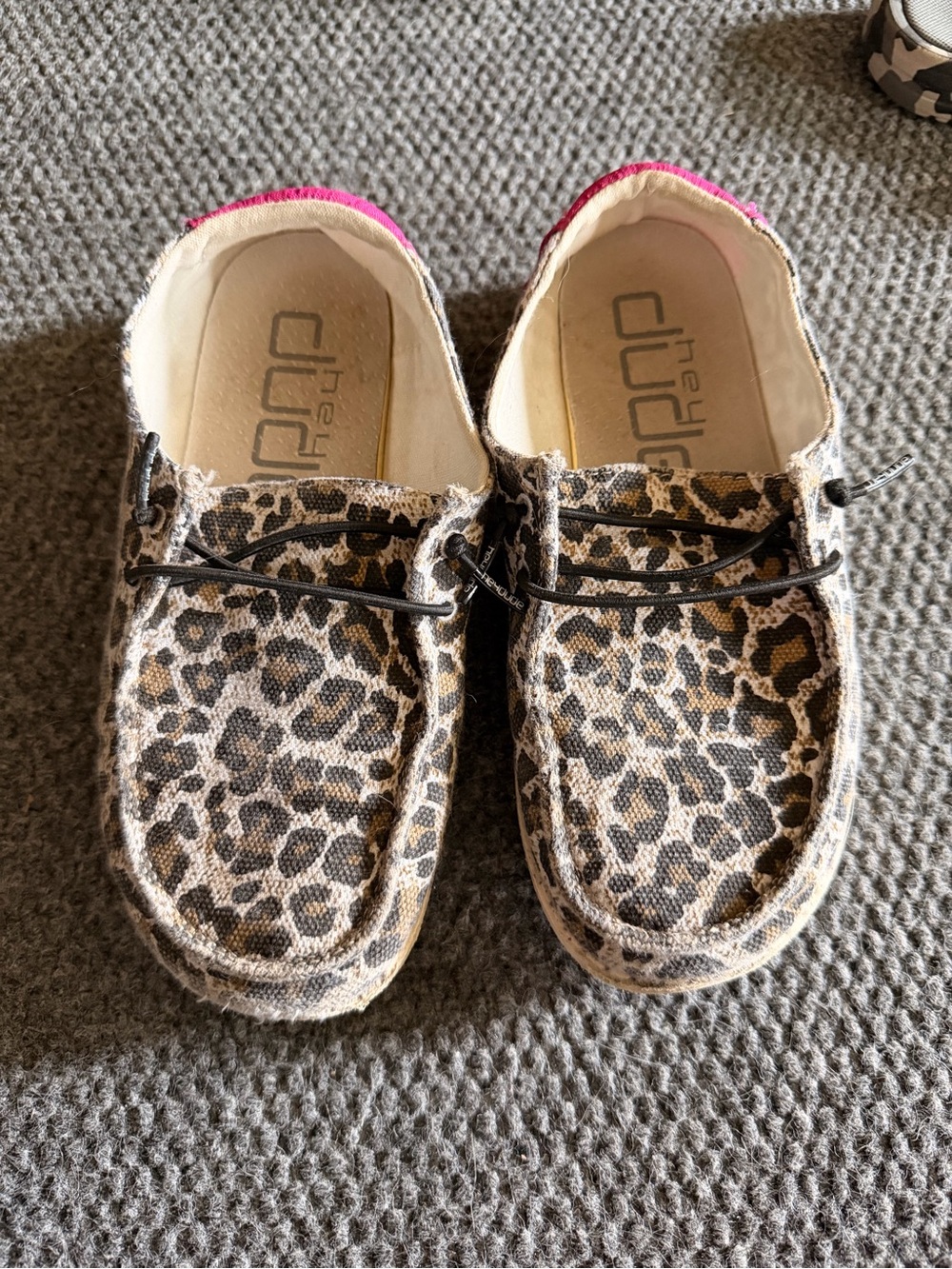 Hey Dude Kids Leopard Moccasin Slip-On Shoes in Beige and Black with Pink Trim